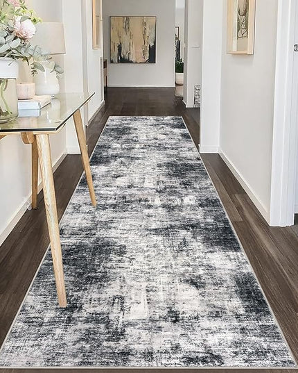 IOHOUZE Abstract Runner Rug 3x10 Ft Washable Runners for Hallways, Non Slip Kitchen Runner Printed Faux Wool Entryway Runner Indoor, Modern Abstract Floor Carpet for Hall Kitchen Bedroom, Black Grey