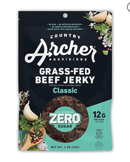Country Archer Grass Fed Beef Jerky - Zero Sugar Beef Jerky, Sugar Free Beef Jerky Snack Pack, Beef Jerky Bulk, Individual Beef Jerky Packs, Gluten Free, Paleo - Classic Flavor, 2 oz (Pack of 6)
