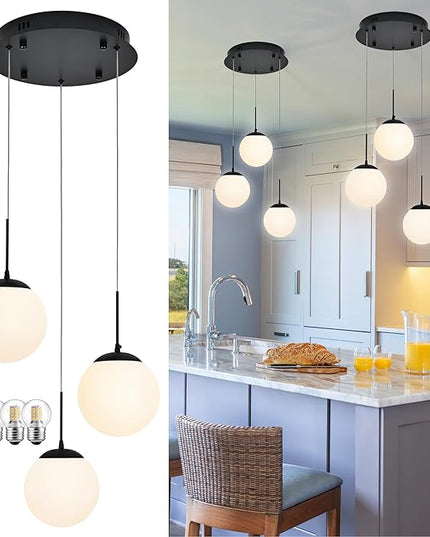 KoKo&Yukina 3 Light Globe Glass Pendant Light Modern Black Globe Chandelier Adjustable Length Pendant Light Fixtures Milky White Glass Ceiling Light for Foyer Hallway