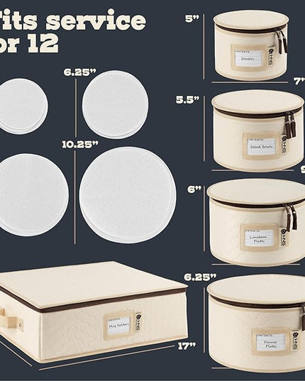 Hard Shell China Storage Containers 5-Piece Set Moving Boxes for Dinnerware, Glasses, Plates, Mugs and Saucers Sturdy Dish Organizer with Dividers for Seasonal Storage - Service for 12 - Beige Quilted
