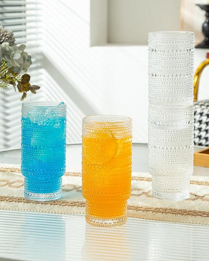 4 Pack Vintage Glassware Drinking Glasses Set, 16 oz Hobnail Glassware, Embossed Clear Water Tumbler, Cocktail Glass Cups for Kitchen and Bar, Perfect for Juice, Iced Coffee, Whiskey, Beer