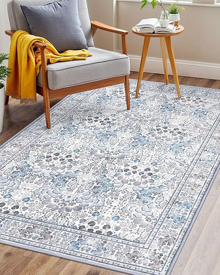 3x5 Modern Rug for Farmhouse, Grey Blue Super Soft Washable Rug with Non-Slip, Low-Pile Indoor Door Area Rug for Living Room Bedroom, Carpet with Non-Shedding