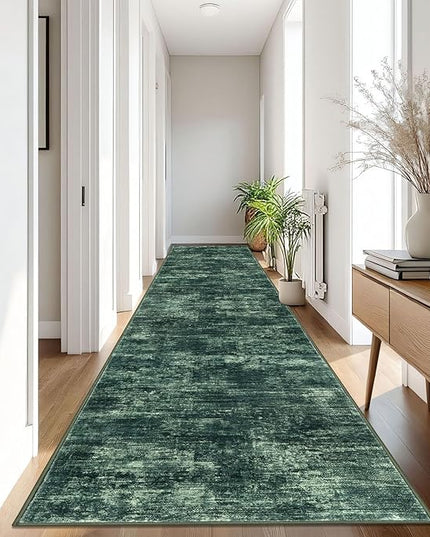 IOHOUZE Abstract Runner Rug 3x16 Ft Washable Runners for Hallways, Non Slip Kitchen Runner Printed Faux Wool Entryway Runner Indoor, Modern Abstract Floor Carpet for Hall Stair, Dark Green