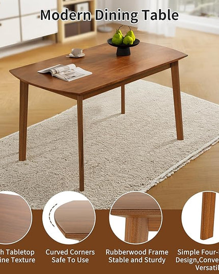 5-Piece Wooden Dining Set Mid-Century Modern Dinner Table and 4 Upholstered Chairs Rectangular Table with Chairs Set Rubberwood Legs Linen Padded Seat & Backrest for Dining Room Kitchen Apartment