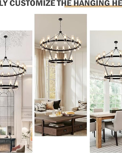 48" Modern High Ceiling Chandelier, 2 Tier Wagon Wheel Chandelier with Glass Shade, 24-Lights Large Round Modern Farmhouse Pendant Lighting Fixture for Dining Room, Living Room,Kitchen, Foyer