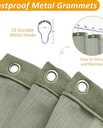 Naturoom Sage Green Linen Shower Curtain with Liner and Hooks Boho Farmhouse Shower Curtains for Bathroom Heavy Duty Textured Burlap Cloth Double Bath Curtains with See Through Top Window 72x72