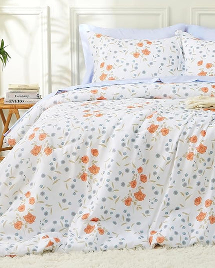 MUXHOMO Orange Blossom Full Comforter Set, Elegant Floral Print Bed in a Bag 7 Pieces, Ultra Soft & Breathable Reversible Botanical Pattern Bedding Set with Comforter, Sheets, Pillowcases, and Shams