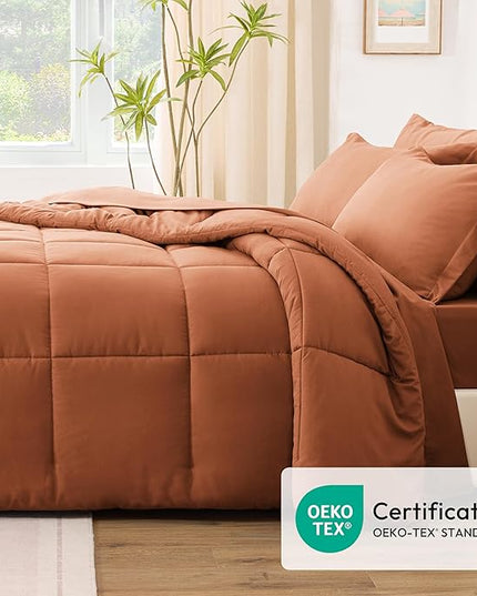Love's cabin Full Comforter Set Burnt Orange, 7 Pieces Full Bed in a Bag, All Season Bedding Sets with 1 Comforter, 1 Flat Sheet, 1 Fitted Sheet, 2 Pillowcase and 2 Pillow Sham