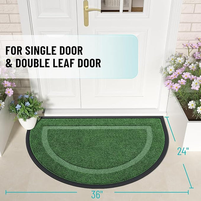 OLANLY Half Circle Door Mat Indoor Outdoor Entrance Welcome, Waterproof All-Season, All-Weather Doormat, Sturdy Natural Rubber, Low Profile, Easy Clean Patio Porch Entryway Mat, 35x23, Green