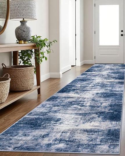IOHOUZE Abstract Runner Rug 3x16 Ft Washable Runners for Hallways, Non Slip Kitchen Runner Printed Faux Wool Entryway Runner Indoor, Modern Abstract Floor Carpet for Hall Stair, Navy/Grey