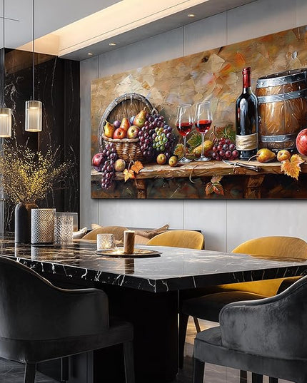 XIGUANGART Kitchen Wall Art Grape Barrel Painting Red Wine Glass Fruit Artwork Prints for Dinning Room Bar Canvas Wall Decor for Living Room Food Still Life Abstract Picture Home Decoration 20x40IN