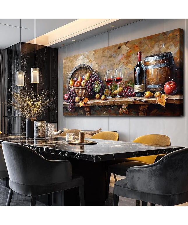 XIGUANGART Wall Art for Kitchen Grape Barrel Painting Red Wine Glass Artwork Prints for Dinning Room Bar Large Canvas Wall Decor for Living Room Office Fruit Still Life Picture Modern Home Decoration