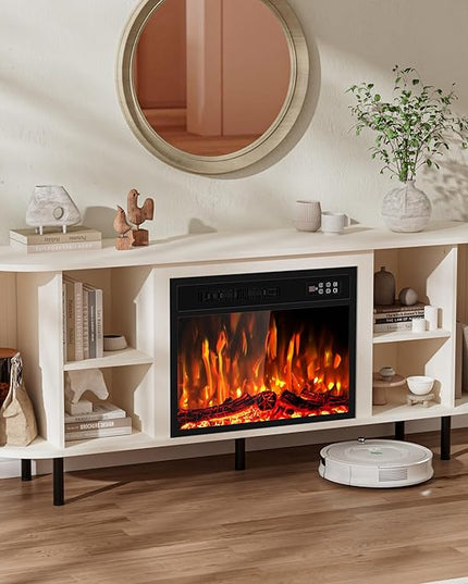 65" Fluted Fireplace TV Stand for TVs Up to 75 inches, Modern Entertainment Center with 23" Electric Fireplace, Wooden Curved TV Console with Sliding Doors for Living Room, White
