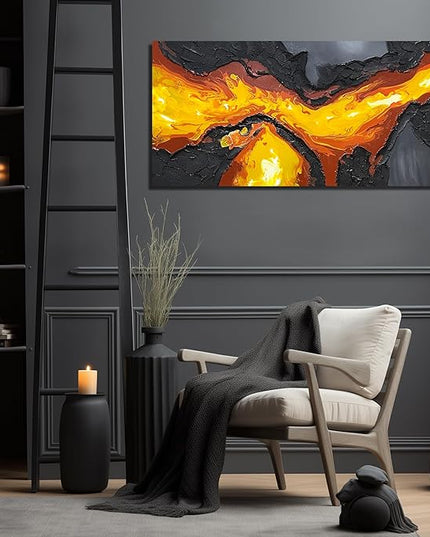 GUGIKA Abstract Wall Art for Living Room, Hand Painted 3D Textured Magma Paintings, Black and Gold Yellow Volcanic Lava Canvas Wall-Decor for Bedroom, Size 40 x 20 Inches