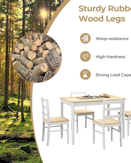Tangkula Dining Table Set for 4, Solid Wood, Farmhouse Dinette Set w/Rubber Wood Legs, Compact Dining Table and Chairs Set for Kitchen, Dining Room (Natural+White)