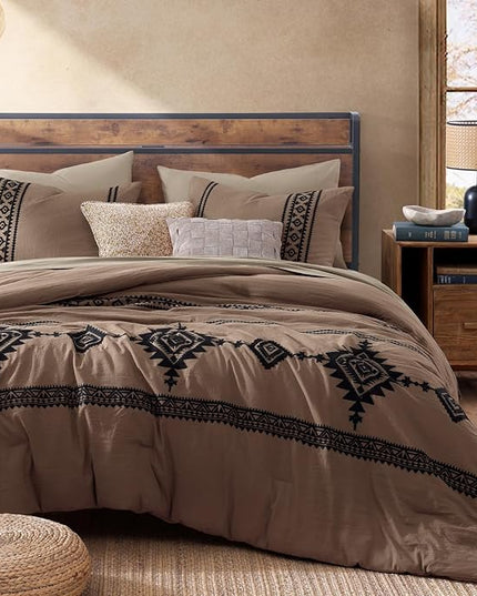 MaiRêve Embroidery Comforter Set, Boho Farmhouse Western Bedding Set, All Season Bed in A Bag Comforter Set with Sheets, Pillowcases & Shams, Brown King 7 Pieces