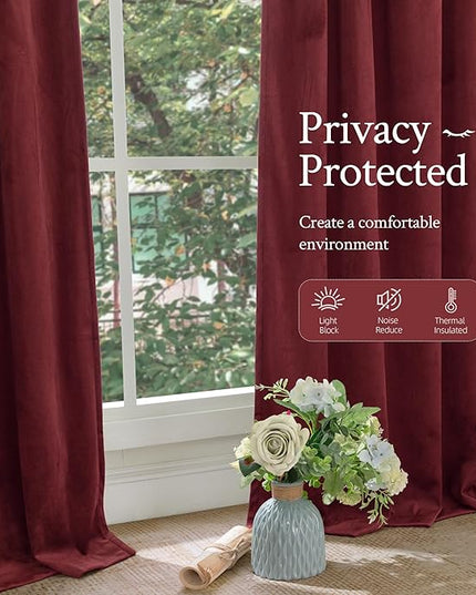 LAMIT Burgundy Red Velvet Curtains 96 Inch for Living Room, Vintage Thermal Room Darkening Panels Privacy Back Tab and Rod Pocket Christmas Drapes for Bedroom/Theater, 2 Panels, 52 x 96 Inch