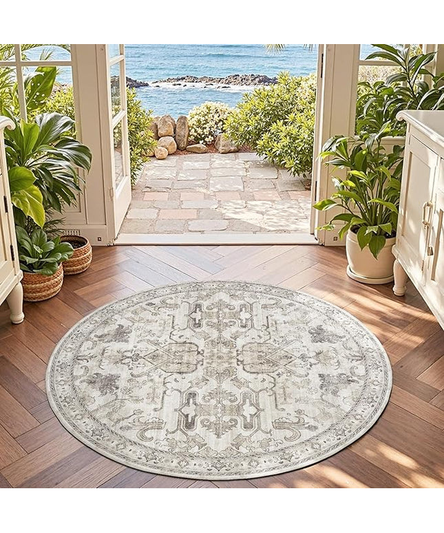 jinchan Round Rug 4ft Area Rug Indoor Vintage Floral Circle 4' Washable Ultra-Thin Low Pile Soft Small Non Slip Distressed Print for Living Room Dining Room Bedroom Entryway Taupe