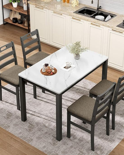 Sophia & William 5 Piece Dining Table Set for 4, Faux Marble Kitchen Table and Chairs Set, Solid Wood Farmhouse Dinner Table Set,Venatino White Marble & Black