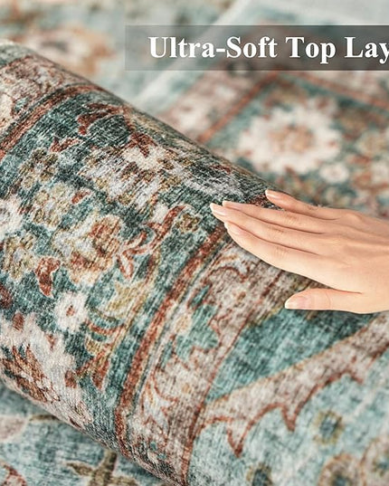 Washable Oriental Area Rug - 5ft Round Rugs for Living Room Soft Carpet for Bedroom Waterproof Floral Distressed Indoor Stain Resistant Non-Shedding Floor Carpets (Green, 5ft-Round)