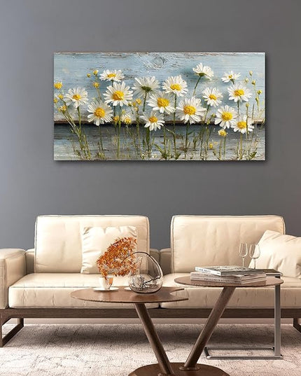 KZKU Rustic Daisy Canvas Wall Art-Large Floral Print on Weathered Blue Wood Background- Modern Farmhouse Decor for Living Room Bedroom 24X48in