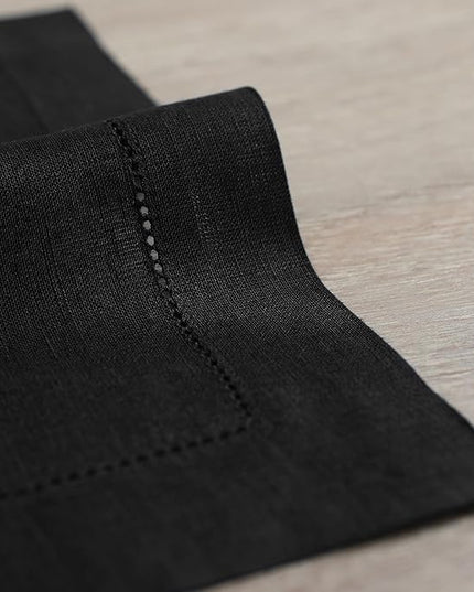 Solino Home Black Linen Napkins Set of 6-100% Pure Linen Hemstitch Dinner Napkins 20 x 20 Inch for Winter, Christmas, Holiday, New Year - Classic Hemstitch