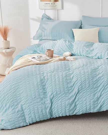 HYMOKEGE Lake Blue Queen Comforter Set Seersucker 7 Pieces, All Season Luxury Bed in a Bag for Bedroom, Bedding Set with Comforters, Sheets, Pillowcases & Shams