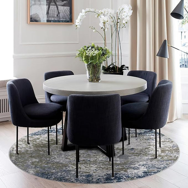 Modern Abstract 4x4 Round Area Rug Non Slip Non Shedding Rug Low Pile Stain Resistant for Bedroom Living Room Office Dining Room,Navy