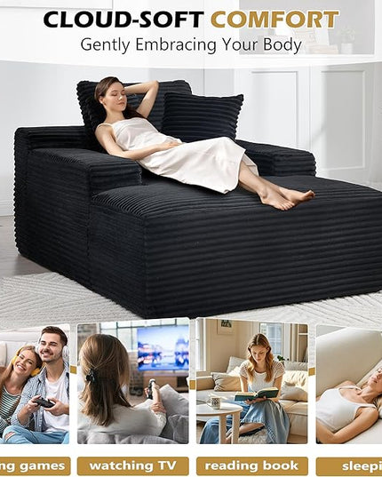 67" Boneless Chaise Lounge Chair,Indoor Corduroy Oversized Sleeper Sofa w/9.9'' Wide Armrest & 3 Soft Pillows, Convertible Boneless Sofa Bed - 2-in-1 Chair & Ottoman for Reading, Living Room,Black