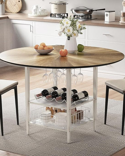VFK 47 Inch Round Dining Table Set for 4-6 People, Large Farmhouse Kitchen Dining Table Set with Chairs and Storage Rack, Metal Base Round Table for Home Dining Room Living Room