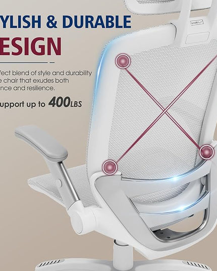 GABRYLLY Ergonomic Office Chair, High Back Home Desk Chair with Headrest, Flip-Up Arms, 90-120° Tilt Lock and Wide Cushion, 400LBS Mesh Chairs for Man Woman, White Task Chair(Grey,GY01WG)