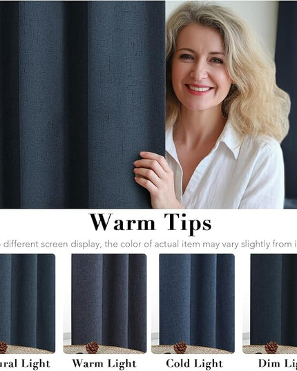 H.VERSAILTEX Linen Blackout Curtains 96 Inches Long 100% Absolutely Blackout Thermal Insulated Textured Linen Look Curtain Draperies Anti-Rust Grommet, Energy Saving with White Liner, 2 Panels, Navy