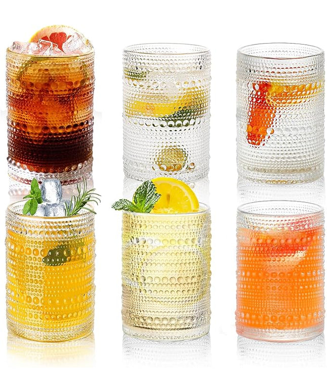 Hobnail Drinking Glasses Set of 6, 16 Oz Vintage Embossed Glass Cup Water Glasses Kitchen Glassware for Cocktails, Beer, Juice, Whiskey