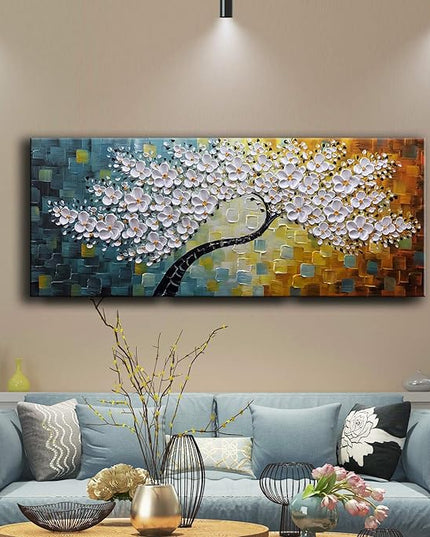 YaSheng Art - 100% Hand Painted Contemporary Art Oil Painting On Canvas Texture White 3D Flower Paintings Modern Home Bedroom Living Room Wall Decor Abstract Art Paintings 24x60inch