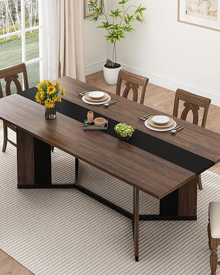 71 inch Dining Table for 4 5 6 | Modern Brown and Black Rectangular Kitchen Table W/Waterproof Wood Tabletop,Farmhouse Long Dining Room Tables W/Adjustable Legs&Wood Strip Base for Kitchen Living Room