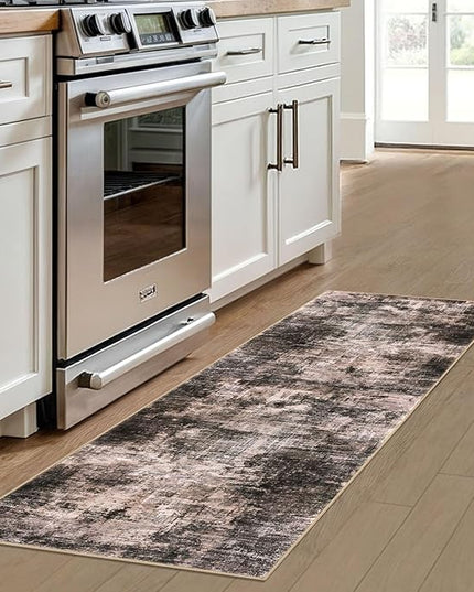 IOHOUZE Abstract Runner Rug 2x6 Ft Washable Runners for Hallways, Non Slip Kitchen Runner Printed Faux Wool Entryway Runner Indoor, Modern Abstract Floor Carpet for Hall Kitchen Bedroom, Brown/Rust