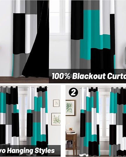 Teal/Turquoise 100% Blackout Curtains for Bedroom 96 inch Long 2 Panels Set Black White Grey Modern Abstract Geometric Black Out Curtains Room Darkening Window Drapes for Living Room, 52Wx96L