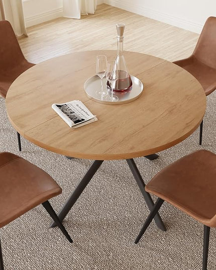 45.3 Inch Modern Round Dining Table for 4, Space-Saving Dinette with Carbon Steel Legs for Home Kitchen Apartment(Oak Table)