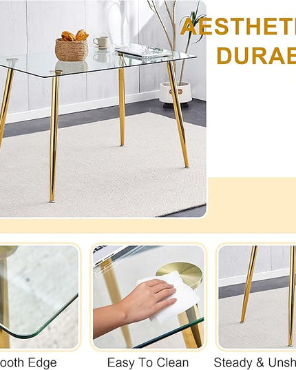 7 Piece Modern Gold Dining Set, 51'' Luxury Minimalist Kitchen Table Set, 6 Person Clear Glass Top Rectangle Dinner Set, Grey Woven Dining Chair for Home Living Room Small Place