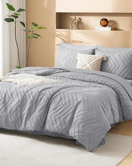 Litanika Super King Size Comforter Set with Sheets Light Grey - 7 Pieces Bed in a Bag Oversized King Boho Tufted Complete Bedding Sets with Comforter, Sheets, Pillowcases & Shams