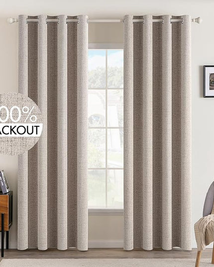MIULEE Linen Texture Curtains for Bedroom Solid 100% Blackout Thermal Insulated Khaki Curtains Grommet Room Darkening Drapes Luxury Decor for Living Room Nursery 52x96 Inch (2 Panels)