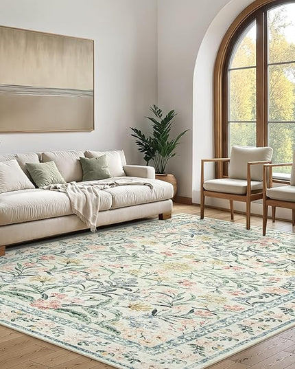 Wonnitar Large Rugs for Living Room, Soft Washable Floral 9x12 Area Rug for Bedroom, Boho Non-Shedding Foldable Carpet for Kids Playroom Apartment Home Decor