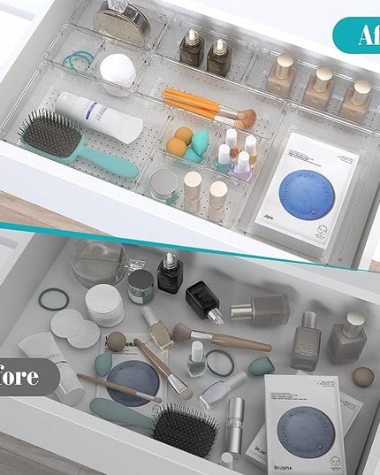 7 PCS Clear Plastic Drawer Organizers Set, 4 Size Desk Drawer Organizer Trays for Makeup, Jewelry, Kitchen Utensils, Gadgets and Office Accessories
