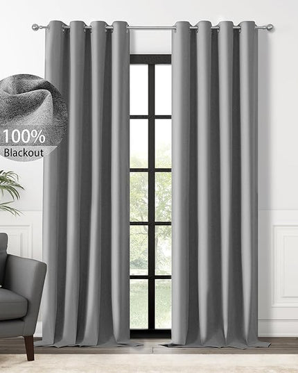 ChrisDowa 100% Blackout Grey Solid Curtains 102 Inches Long 2 Panels for Bedroom Living Room,Farmhouse Room Darkening Thermal Insulated Soundproof Grommet Top Window Treatment Drapes,52x102