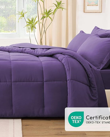 Love's cabin Twin XL Comforter Set Dark Purple, 5 Pieces Twin XL Bed in a Bag, All Season Bedding Sets with 1 Comforter, 1 Flat Sheet, 1 Fitted Sheet, 1 Pillowcase and 1 Pillow Sham