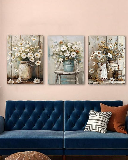 DUWQU 3 PCS Elegant Farmhouse Canvas Wall Art, Vintage Floral Pictures Art Wall Decor, Nature Themed Daisy Art Prints for Living Room Bedroom Kitchen and Office Ready to Hang 16×24 Inches