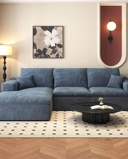 107'' L-Shaped Modern Modular Sectional Cloud Couch, 4-Seat Chenille Deep-Seat Sofa with Pillow for Living Room, Bedroom, Apartment, Ocean Blue