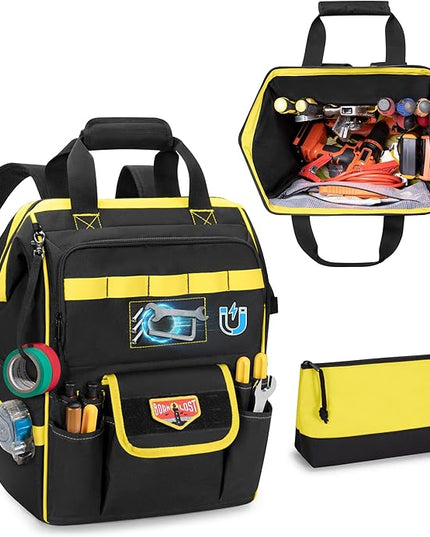 Tool Bag Backpack with Zipper Pouch and Magnetic Attraction Area, Heavy-Duty Tool Storage Organizer Bag, Tactical Work Tool Bag for Electrician, Repairman, HVAC Techs, Black