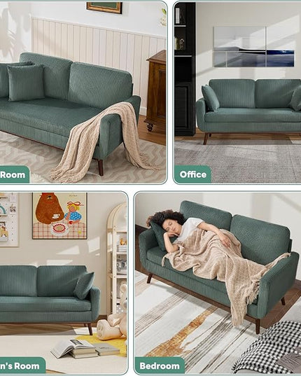 Tbfit 65" Corduroy Love Seat with Spring Cusions, Mid Century Modern Loveseat Sofa for Livingroom & Bedroom, Comfy Upholstered Small Couch