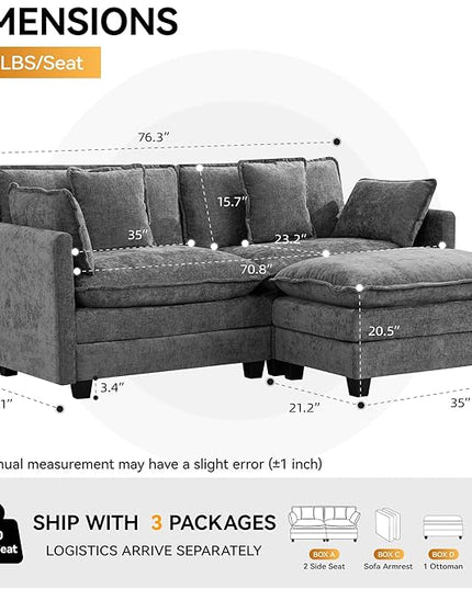 76'' Cloud Deep Seat Loveseat Sofa, Upholstered Chenille Modular 2-Seats Sectional Sofa Couch with Movable Ottoman, Modern Comfy Settee Loveseat for Living Room Set, Small Apartment, Grey
